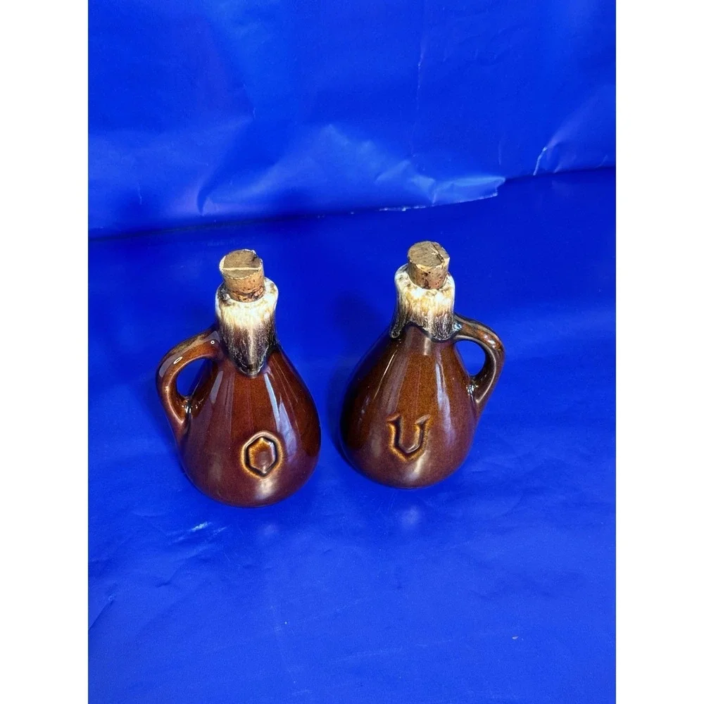 Vtg McCoy Oil & Vinegar Cruets‎ Brown Drip Glaze No Stoppers Set V & O 5
